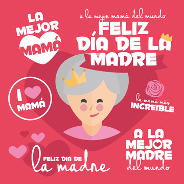 Happy Mothers Day Badges and Labels card. Written in Spanish
