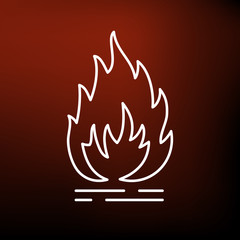 Fire icon. Flammable sign. Flame symbol. Thin line icon on red background. Vector illustration.