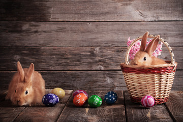 rabbits with Easter eggs on wooden background