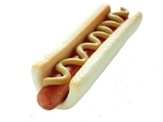 Hot dog with mustard isolated on white background