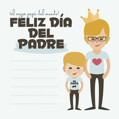 Happy Fathers day card. Vector Element Set. Dad blond with glasses and son. Written in Spanish
