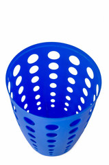 Above View of an Empty Moderrn Blue Plastic Trash Can with Holes isolated in White Background