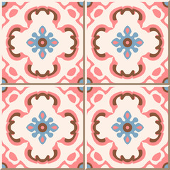 Vintage seamless wall tiles of pink flower kaleidoscope. Moroccan, Portuguese.
