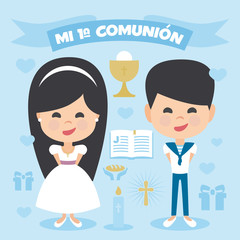 A pair of children, boy and girl, making first communion. Vector Element Set on a blue background. Written in Spanish
