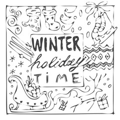  winter holiday time handdrawn black and white card