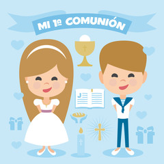 A pair of children, blonde boy and girl, making first communion. Vector Element Set on a blue background. Written in Spanish
