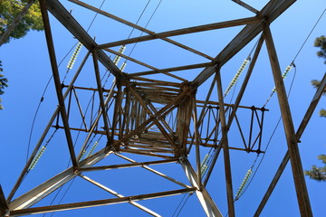 View from the bottom up on a power transmission tower