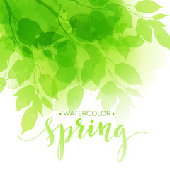 Watercolor background with green leaves. Vector illustration