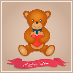 Valentines day card. Teddy bear with red hearth. Vector illustration