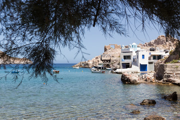 Blue White orthodox church at Firopotamos, Milos island, Cyclade © ververidis