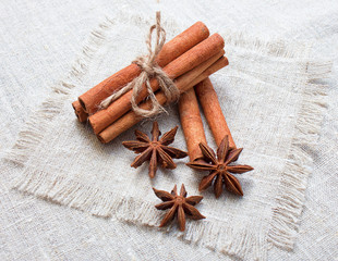 cinnamon, anise on a background sacking