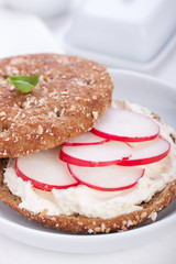Sandwich with wholewheat bread, cottage cheese, radish and basil on a white plate, closeup, selective focus..