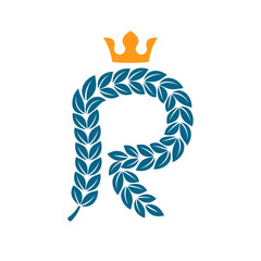 R letter logo formed by laurel wreath with crown