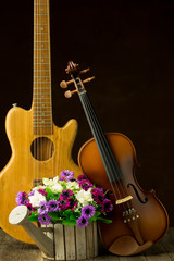 Fototapeta na wymiar Violin, guitar on still-life old steel background