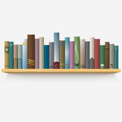 Realistic books on wooden shelf