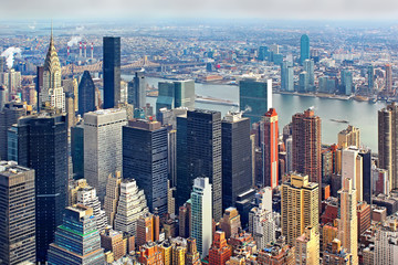Aerial view of Manhattan skyline at sunset, New York City