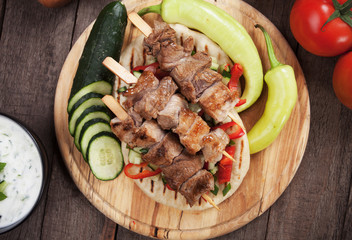 Souvlaki or kebab, meat skewer with pita bread