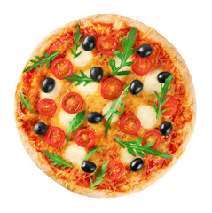 Pizza with mozzarella and arugula. Vegetarian pizza.