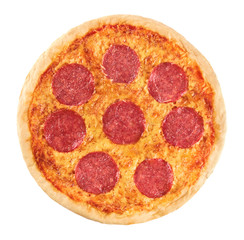 Pizza with sausage on a white background. Pepperoni.