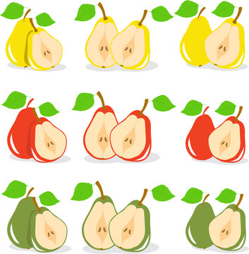 Yellow, red, green pears vector illustration on a transparent background