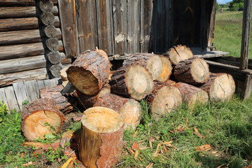 A bunch of the pine chumps for firewood stacked at the old barn