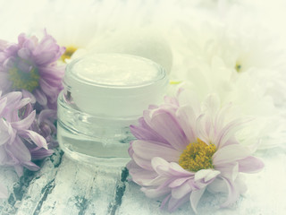 Fototapeta na wymiar facial cream with fresh flowers
