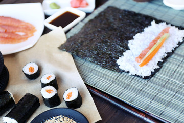 The process of making sushi and rolls