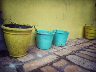 multicolored pots onthe street of Rovinj, Croatia