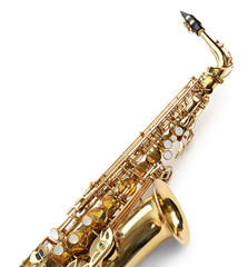 Golden saxophone isolated on white background, close up