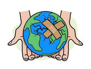 Heal the World, a hand drawn vector illustration of the earth, damaged, and patched using bandages. isolated on a simple background (editable).