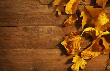 Naklejka na ściany i meble Yellow and brown autumn leaves on wooden background