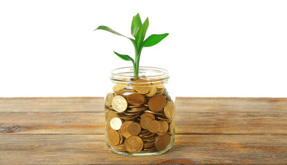 Fototapeta na wymiar Money and growing sprout in glass jar on wooden table