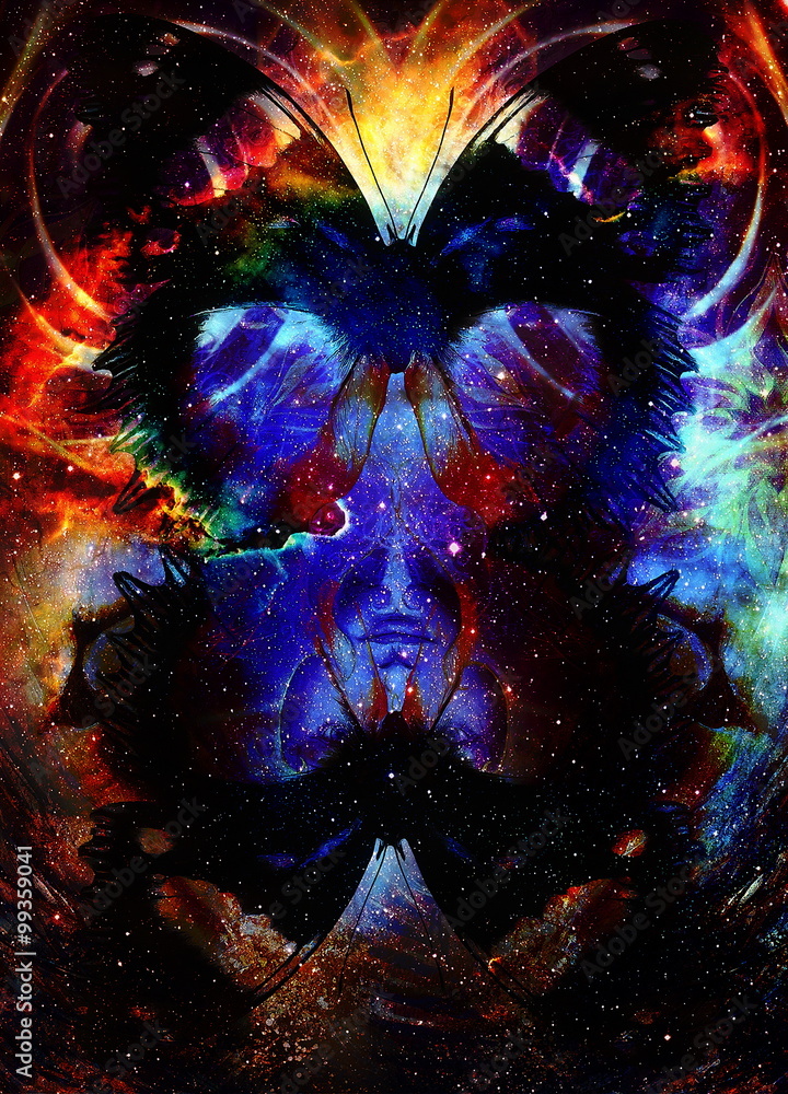 Poster illustration of a butterfly and mandala in cosmic space. mixed media, abstract color background.