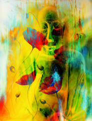 Fototapeta na wymiar buddha and flower, abstract background. computer collage painting. Religion concept.