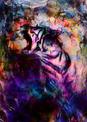 gentle portrait tiger. computer collage. Color Abstract background. Animal concept.