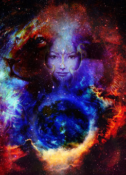 Goodnes woman and lion in space with galaxi and stars. profile portrait, eye contact.