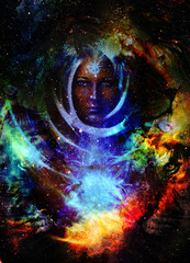 Goodnes woman and lion in space with galaxi and stars. profile portrait, eye contact.