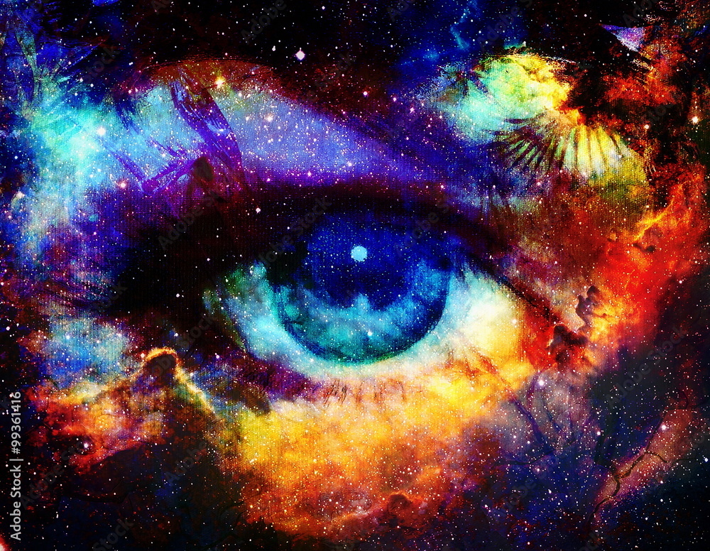 Poster goddess eye and color space background with stars.