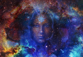 Beautiful Painting Goddess Woman and  Color space background with stars.