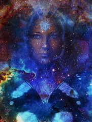 Goodnes woman and lion and butterfly in space with galaxi and stars. profile portrait, eye contact.