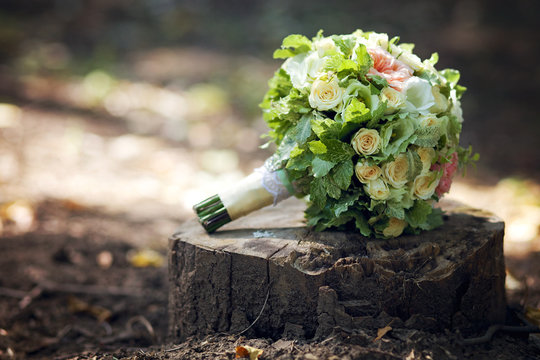 Fototapeta big bridal bouquet lying on the stump
