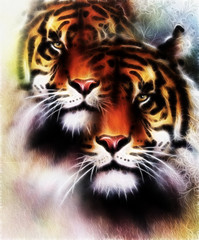 Obraz premium tiger collage on color abstract background and mandala with ornamet , wildlife animals. Brown, orange, black and white color.