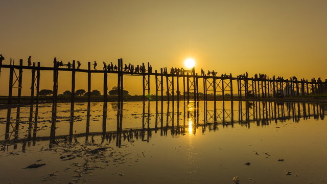 U Pain (Bain) Bridge Landmark History Place Of Mandalay, Myanmar On Sunset