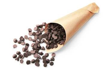 Chocolate morsels isolated on white