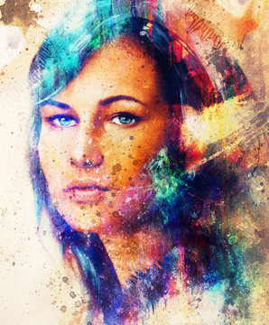 Young woman portrait, color painting on abstract background, computer collage. Eye contact. Blue, black, yellow, white and red color.