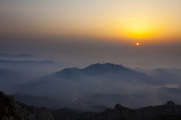 Sunrise in Chinese national famous mountain Taishan