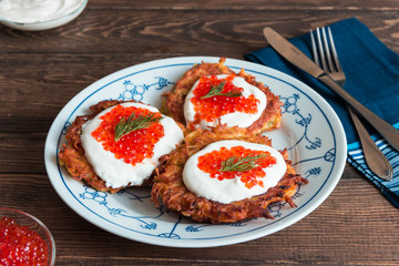 Potato pancakes (latkes)with yogurt and red caviar
