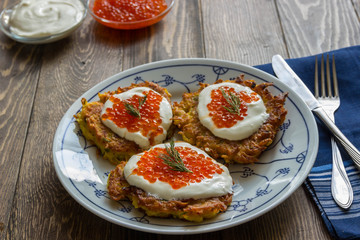 Potato pancakes (latkes)with yogurt and red caviar