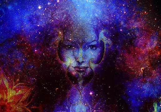 Beautiful Painting Goddess Woman with ornamental mandala and  Color space background with stars.