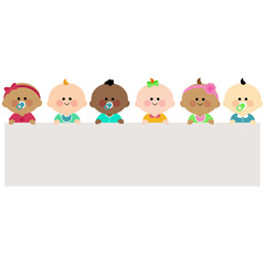 Group of babies and blank banner. Vector illustration